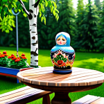A serene, beautiful garden, highly detailed and rendered in the distinct playful art style of a popular mobile garden game, featuring unique regional decorations. In the foreground, a charming matryoshka doll-shaped fountain splashes gently next to a quaint garden bench. A traditional Russian samovar sits on a small outdoor table, surrounded by vibrant flowers. In the background, elegant birch trees stand tall. The scene is bright and inviting, showcasing perfect anatomy, correct proportions, natural pose, well-formed hands, proper finger count, natural body proportions, fully clothed, appropriate attire, safe for work, modest, family-friendly, professional photography, high quality.