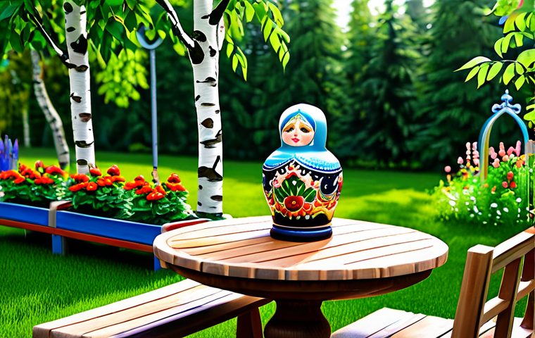 A serene, beautiful garden, highly detailed and rendered in the distinct playful art style of a popular mobile garden game, featuring unique regional decorations. In the foreground, a charming matryoshka doll-shaped fountain splashes gently next to a quaint garden bench. A traditional Russian samovar sits on a small outdoor table, surrounded by vibrant flowers. In the background, elegant birch trees stand tall. The scene is bright and inviting, showcasing perfect anatomy, correct proportions, natural pose, well-formed hands, proper finger count, natural body proportions, fully clothed, appropriate attire, safe for work, modest, family-friendly, professional photography, high quality.