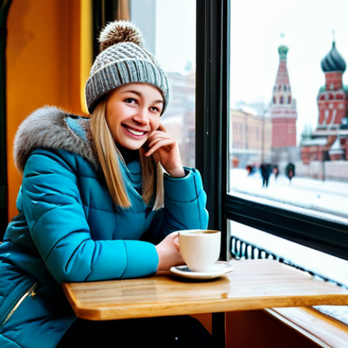 Home 25 Cozy Moscow Cafe**
"A young woman with a warm smile, fully clothed in a stylish winter coat and a knitted hat, sits at a small table in a cozy Moscow cafe, sipping a cup of coffee. The cafe has warm lighting, comfortable seating, and a view of snow-covered streets. Appropriate attire, safe for work, perfect anatomy, natural proportions, professional photography, high quality."
**