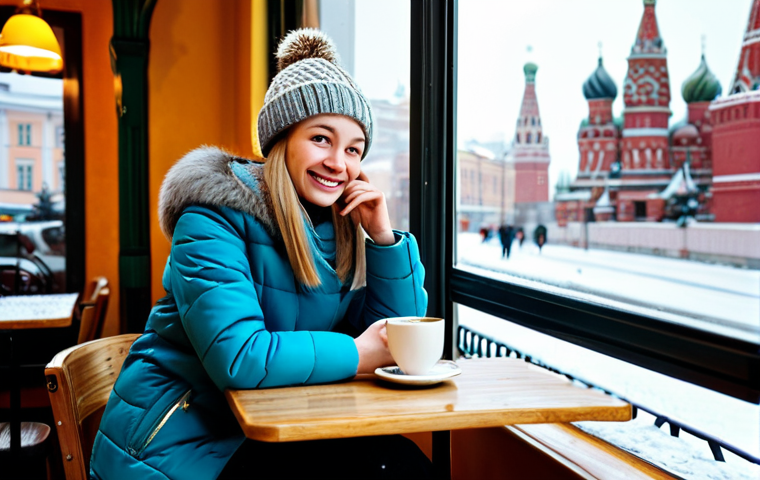 Cozy Moscow Cafe**
"A young woman with a warm smile, fully clothed in a stylish winter coat and a knitted hat, sits at a small table in a cozy Moscow cafe, sipping a cup of coffee. The cafe has warm lighting, comfortable seating, and a view of snow-covered streets. Appropriate attire, safe for work, perfect anatomy, natural proportions, professional photography, high quality."
**
