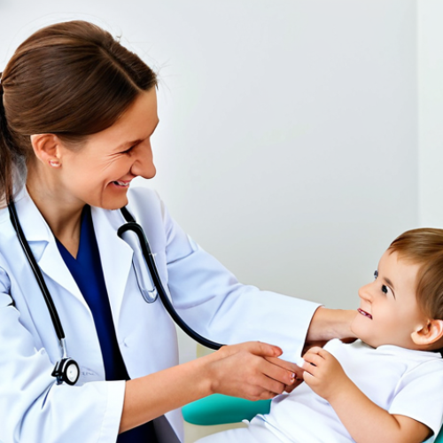 Home 23 **
A professional female doctor, wearing a white coat and stethoscope, smiling warmly at a young child patient. The scene is a bright and clean doctor's office in Moscow, Russia. Fully clothed, appropriate attire, safe for work, perfect anatomy, natural proportions, professional, modest, family-friendly, high quality, well-formed hands, proper finger count, natural pose.
**