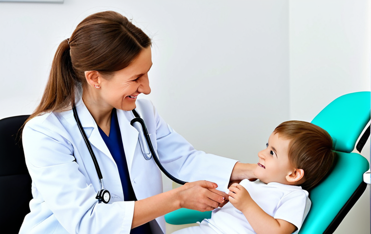 **

A professional female doctor, wearing a white coat and stethoscope, smiling warmly at a young child patient. The scene is a bright and clean doctor's office in Moscow, Russia.  Fully clothed, appropriate attire, safe for work, perfect anatomy, natural proportions, professional, modest, family-friendly, high quality, well-formed hands, proper finger count, natural pose.

**