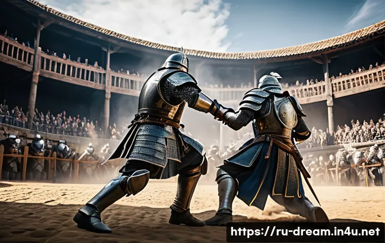 꿈의정원 PvP 연습장 활용하기 - A dynamic PvP arena battle scene featuring two skillfully armored warriors engaged in combat; one ch...