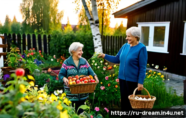 Home 17 꿈의정원 NPC 호감도 올리기 - Photorealistic cozy Russian cottage garden at golden morning light, friendly middle-aged gardener of...